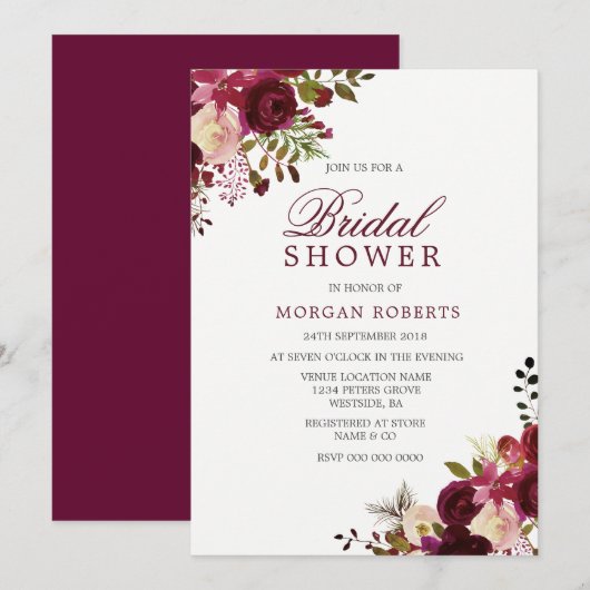 Burgundy Marsala Bloral Bridal Dusche Einladung (Vorne/Hinten)