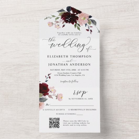 Burgundy Marsala Blume Hochzeiten Details QR UAWG All In One Einladung (Innen Boden)