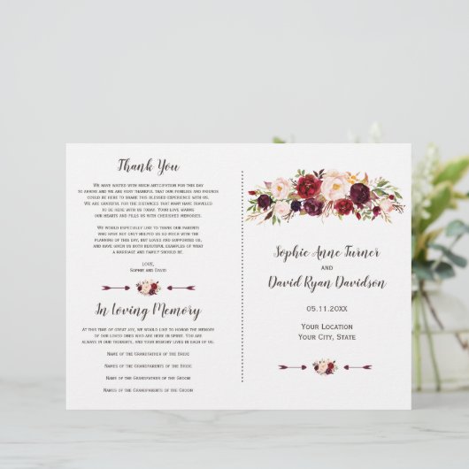 Burgundy Marsala Blush Bloral Wedding Program (Stehend Vorderseite)