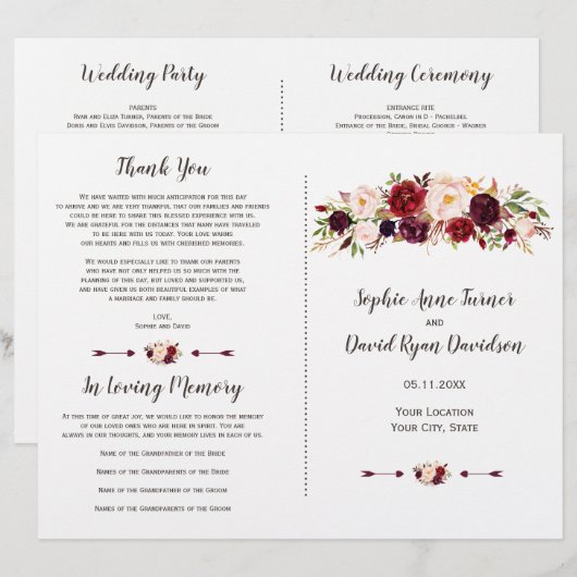Burgundy Marsala Blush Bloral Wedding Program (Vorne/Hinten)