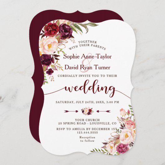 Burgundy Marsala Blush Bloral Wedite Einladung (Vorne/Hinten)