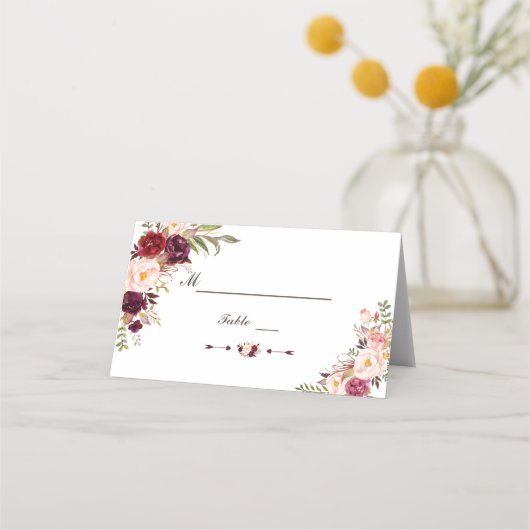 Burgundy Marsala Blush Floral Wedding Tischnummer Platzkarte (Vorderseite)