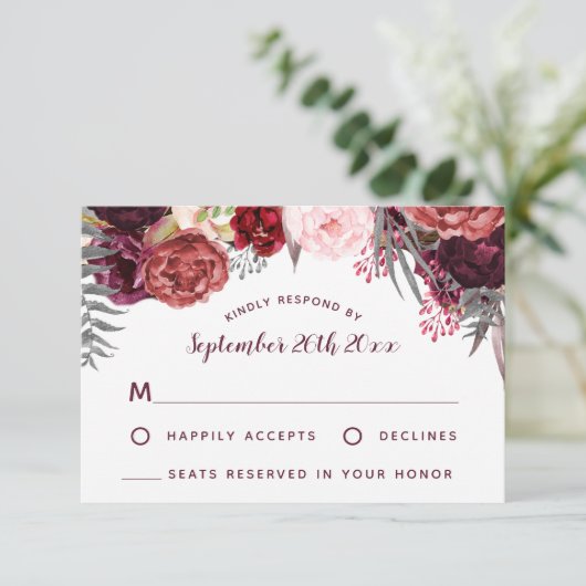 Burgundy Marsala Blush Peony Wedding RSVP Cards (Stehend Vorderseite)