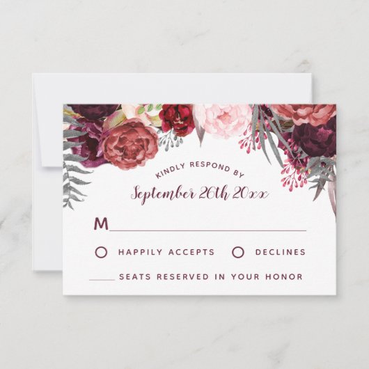 Burgundy Marsala Blush Peony Wedding RSVP Cards Karte (Vorderseite)