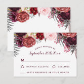 Burgundy Marsala Blush Peony Wedding RSVP Cards Karte (Vorne/Hinten)
