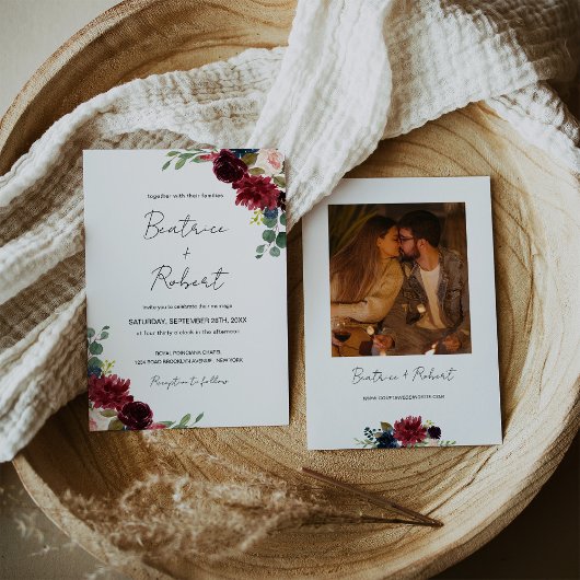 Burgundy Marsala & Blush Pink Bloral Wedding Foto Einladung