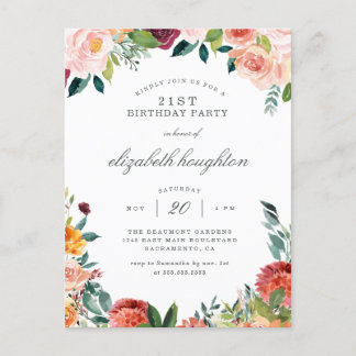Burgundy Marsala Blush Pink Floral Geburtstagspart Einladungspostkarte