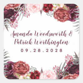 Burgundy Marsala Blush Pink Peony Gastgeschenk Hoc Quadratischer Aufkleber