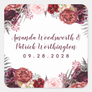 Burgundy Marsala Blush Pink Peony Gastgeschenk Hoc Quadratischer Aufkleber