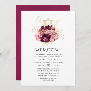 Burgundy Marsala Blush Pink und Gold Bat Mitzvah Einladung