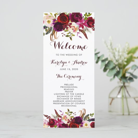 Burgundy Marsala Bohemisch Floral Wedding Program Programm (Stehend Vorderseite)