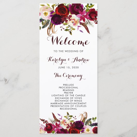 Burgundy Marsala Bohemisch Floral Wedding Program Programm (Vorderseite)