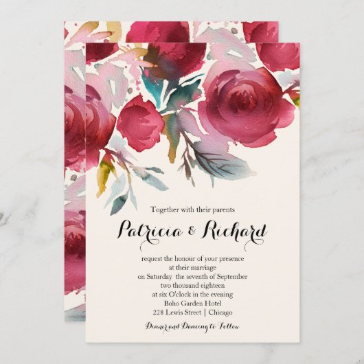 Burgundy Marsala Boho Floral Wedding Einladung (Vorne/Hinten)