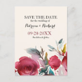 Burgundy Marsala Boho Floral Wedding Save the Date Ankündigungspostkarte (Vorderseite)