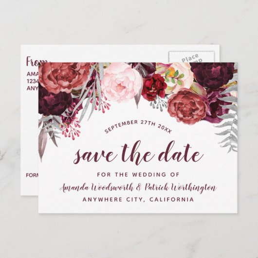 Burgundy Marsala Fall Peony Save the Date Cards Ankündigungspostkarte (Vorne/Hinten)