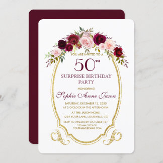 Burgundy Marsala Floral 50. Preis Geburtstag Einladung