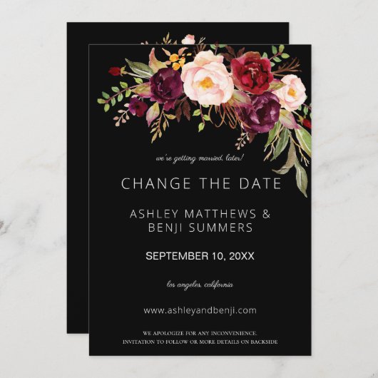 Burgundy Marsala Floral Ändern Sie das Datum - Sch Einladung (Vorne/Hinten)