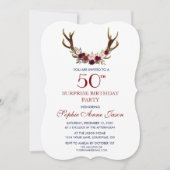 Burgundy Marsala Floral Antlers 50. Geburtstag Einladung (Vorderseite)