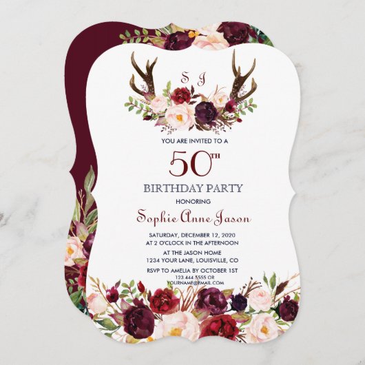 Burgundy Marsala Floral Antlers 50. Geburtstag Einladung (Vorne/Hinten)