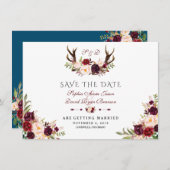 Burgundy Marsala Floral Antlers Blue Save the Date (Vorne/Hinten)