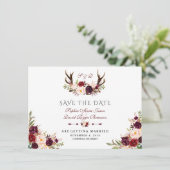 Burgundy Marsala Floral Antlers Blue Save the Date (Stehend Vorderseite)