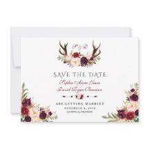 Burgundy Marsala Floral Antlers Blue Save the Date