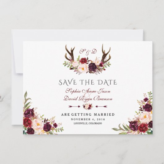 Burgundy Marsala Floral Antlers Blue Save the Date (Vorderseite)