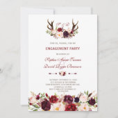 Burgundy Marsala Floral Antlers Engagement Partei Einladung (Vorderseite)