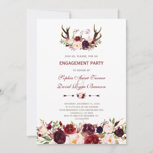 Burgundy Marsala Floral Antlers Engagement Partei Einladung (Vorderseite)