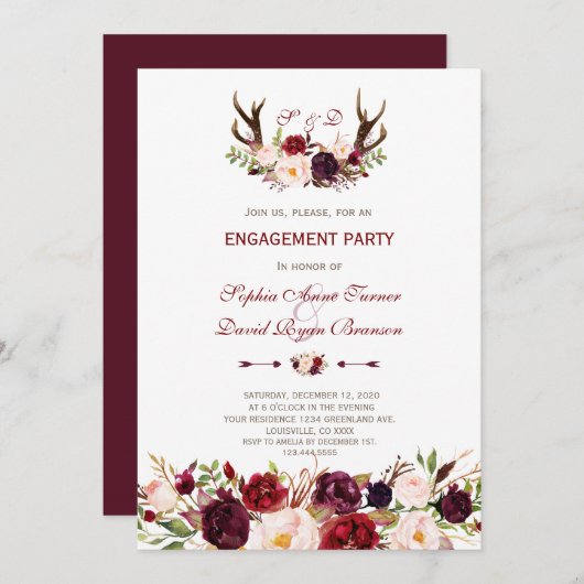 Burgundy Marsala Floral Antlers Engagement Partei Einladung (Vorne/Hinten)