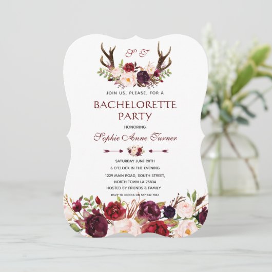 Burgundy Marsala Floral Antlers Junggeselinnen-Abs Einladung (Stehend Vorderseite)