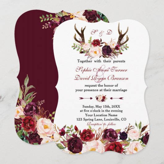 Burgundy Marsala Floral Antlers Monogram Wedding Einladung (Vorne/Hinten)