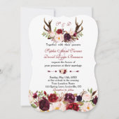 Burgundy Marsala Floral Antlers Monogram Wedding Einladung (Vorderseite)