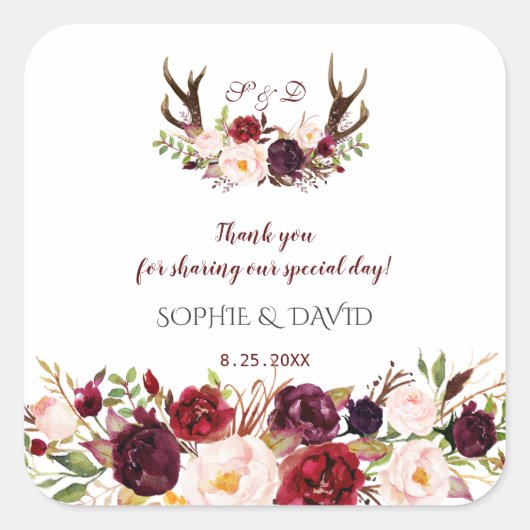 Burgundy Marsala Floral Antlers Monogram Wedding Quadratischer Aufkleber (Vorderseite)