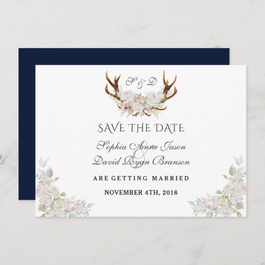 Burgundy Marsala Floral Antlers Save the Date (Vorne/Hinten)