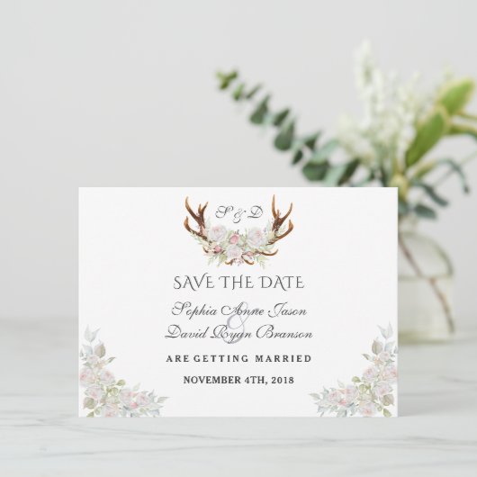 Burgundy Marsala Floral Antlers Save the Date (Stehend Vorderseite)
