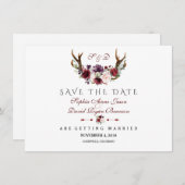 Burgundy Marsala Floral Antlers Save the Date (Vorne/Hinten)