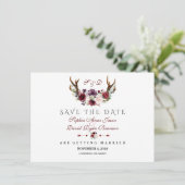 Burgundy Marsala Floral Antlers Save the Date (Stehend Vorderseite)