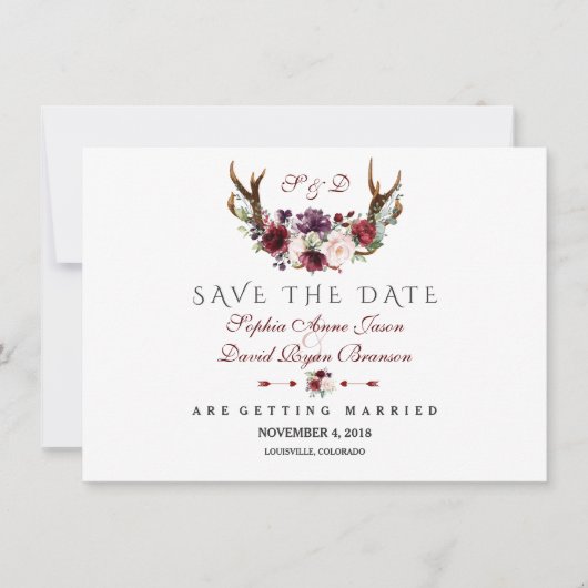 Burgundy Marsala Floral Antlers Save the Date (Vorderseite)