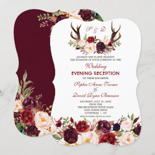 Burgundy Marsala Floral Antlers Wedding Abend Einladung