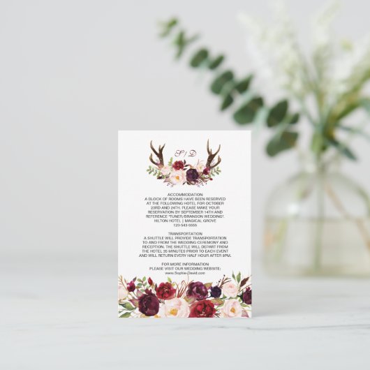 Burgundy Marsala Floral Antlers Wedding Details Begleitkarte (Stehend Vorderseite)