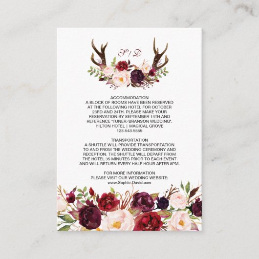 Burgundy Marsala Floral Antlers Wedding Details Begleitkarte (Vorderseite)