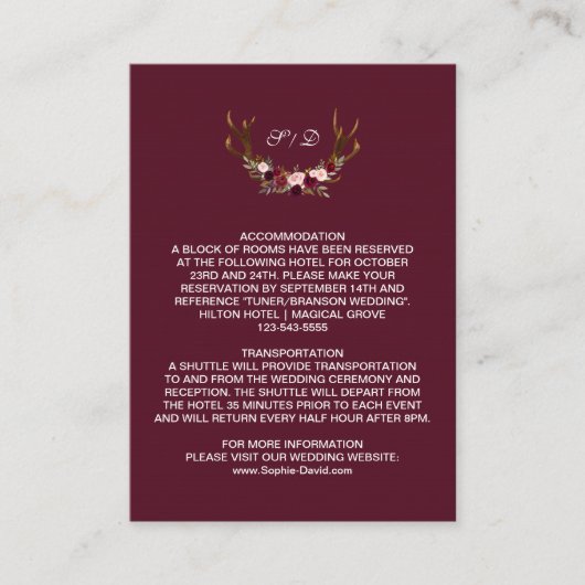 Burgundy Marsala Floral Antlers Wedding Details Begleitkarte (Vorderseite)