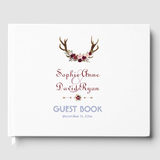 Burgundy Marsala Floral Antlers Wedding Gästebuch (Vorderseite)