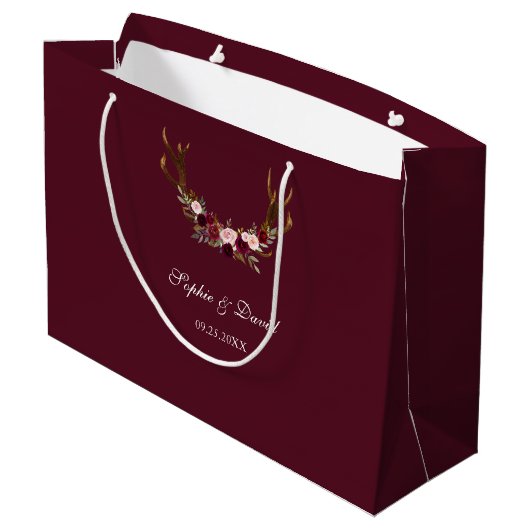 Burgundy Marsala Floral Antlers Wedding Große Geschenktüte (Rückseite Schrägansicht)