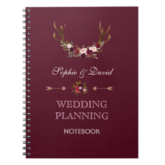 Burgundy Marsala Floral Antlers Wedding Planner Notizblock (Vorderseite)