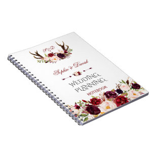 Burgundy Marsala Floral Antlers Wedding Planner Notizblock