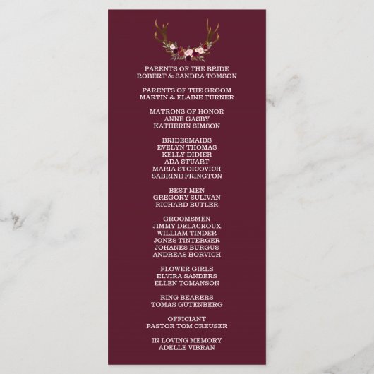 Burgundy Marsala Floral Antlers Wedding Programm (Rückseite)