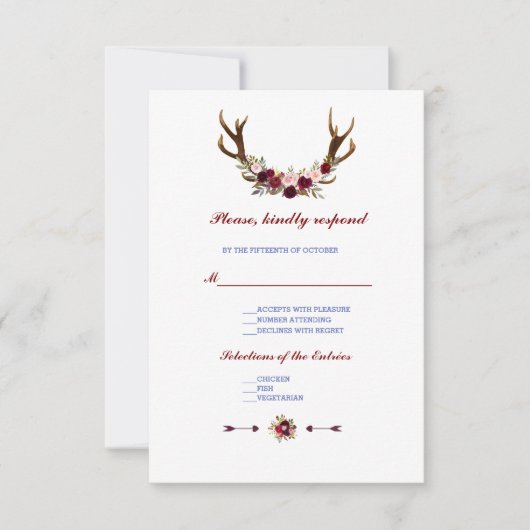 Burgundy Marsala Floral Antlers Wedding RSVP (Vorderseite)