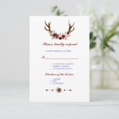 Burgundy Marsala Floral Antlers Wedding RSVP (Stehend Vorderseite)